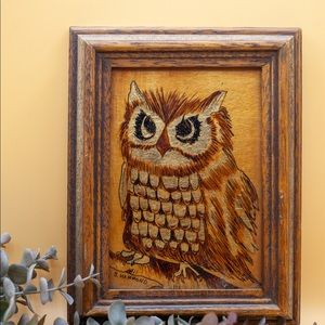Vintage owl gold and brown etched art in frame